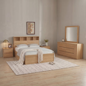 Cambridge 4 Piece Dresser Bedroom Suite in a Nature light timber finish: gas-lift bed, two bedside tables and dresser with mirror
