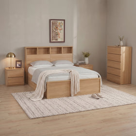 Cambridge 4 Piece Tallboy Bedroom Suite in a Nature light timber finish: gas-lift bed, two bedside tables and tallboy