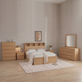 Cambridge 5 Piece Bedroom Suite in a Nature light timber finish: tallboy, bedside tables, gas-lift bed and dresser with mirror