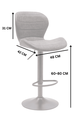 Light grey adjustable bar stool with measurements, metal base, curved back and footrest