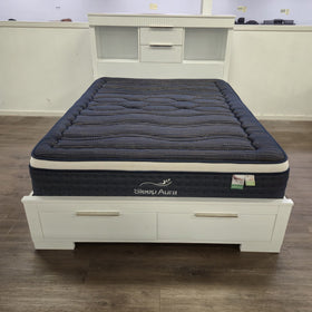 Close-up of the Camira Bookcase Bed Frame white finish headboard, showing the open centre drawer.