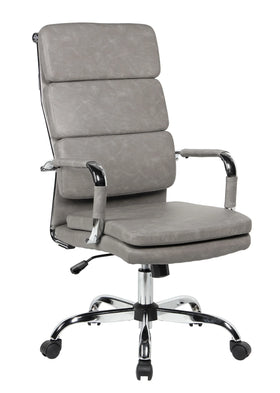 Gray office chair with high backrest and chrome base on a white background