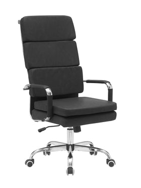 Black office chair with high backrest and chrome base on a white background