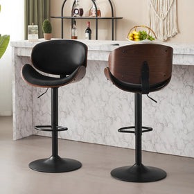 Two bar stools with black and wooden seats in a kitchen setting.