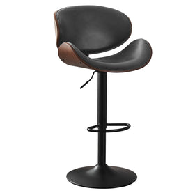 Black leather bar stool with wooden accents on a white background