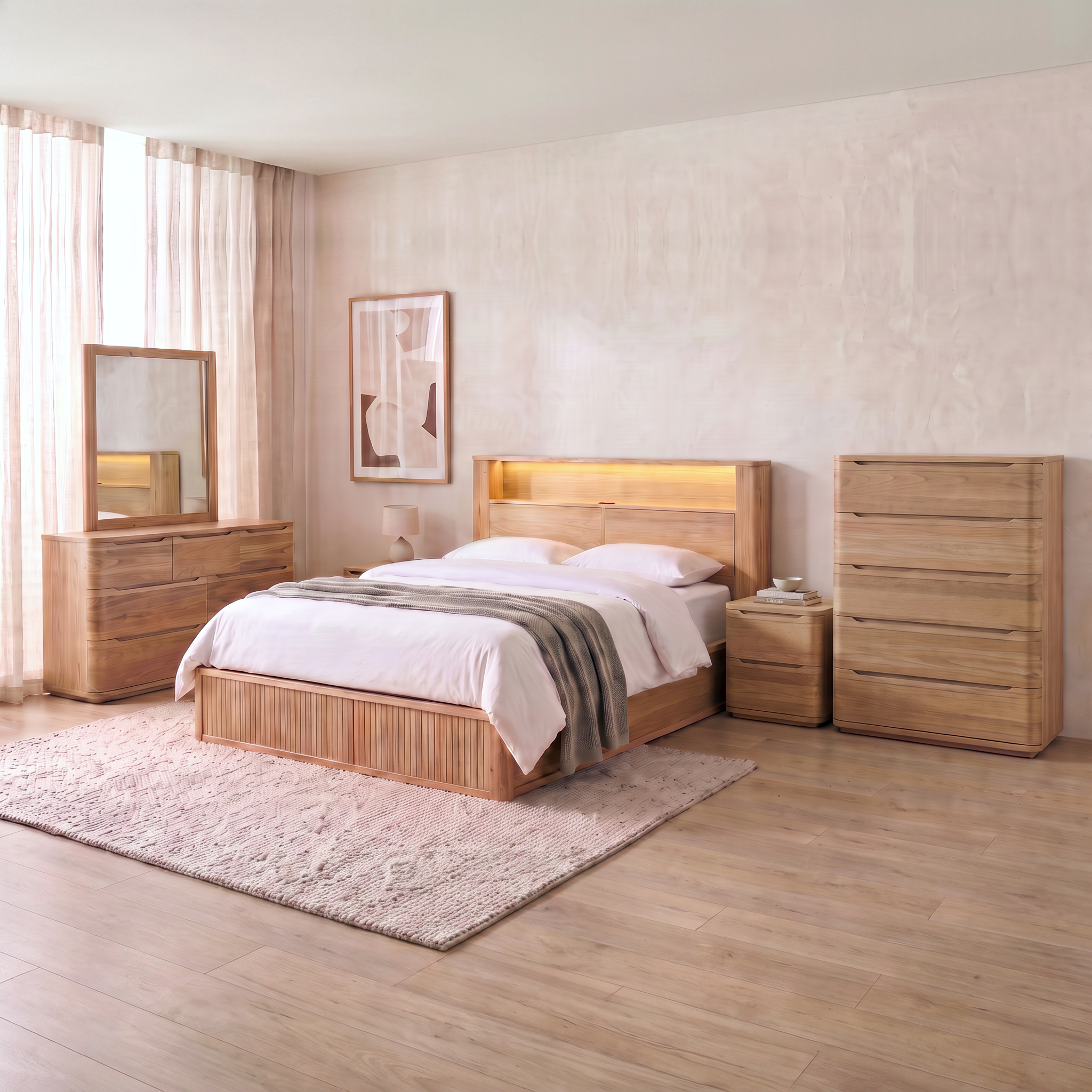 Canberra 5 Piece Bedroom Suite in pale eucalyptus - LED-lit bookshelf gas lift bed frame flanked by two matching two-drawer bedside tables, with a seven-drawer dresser and mirror to the left and a wide five-drawer tallboy to the right - The A2Z Furniture