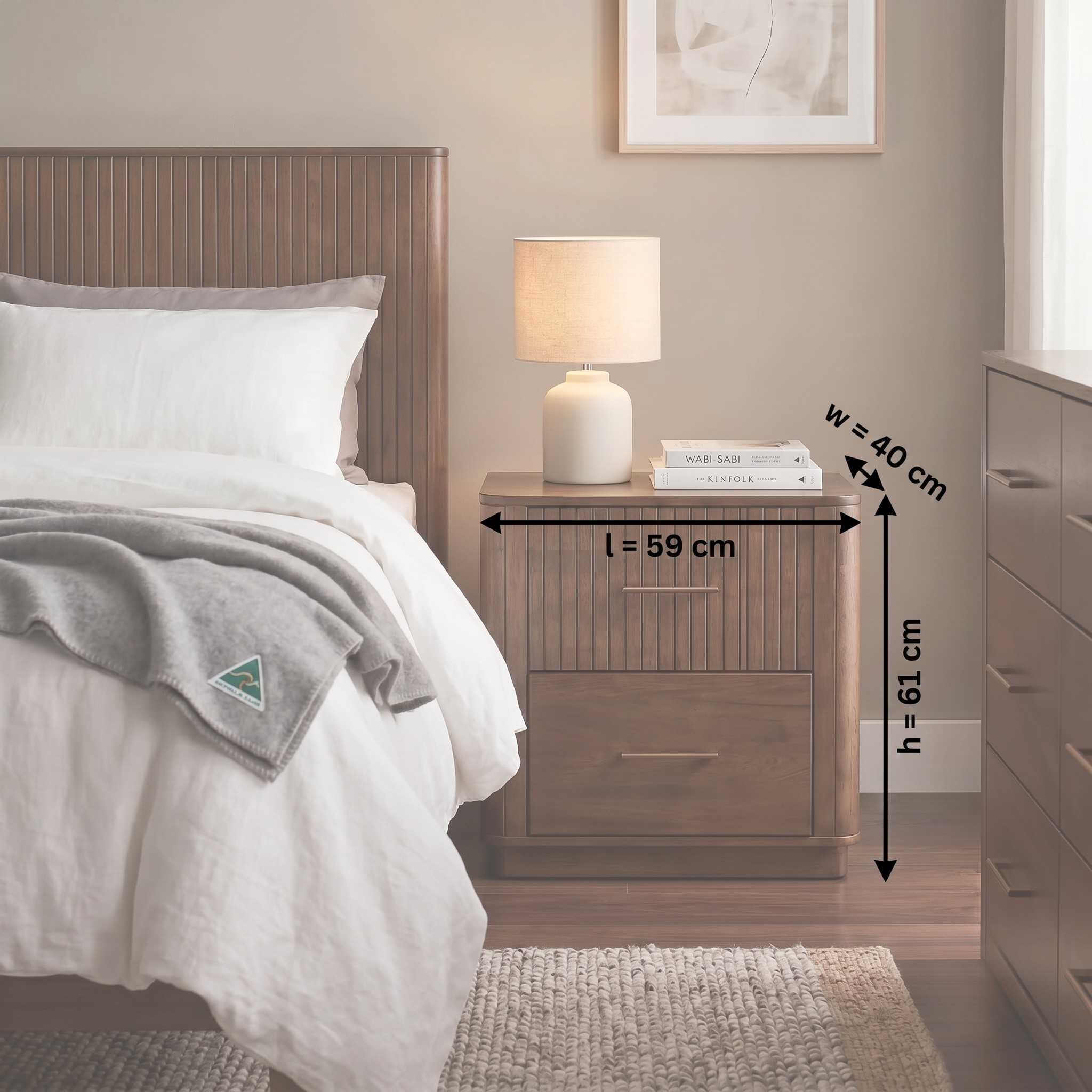 Cannon Bedside Table dimension diagram showing 59cm length, 40cm width and 61cm height