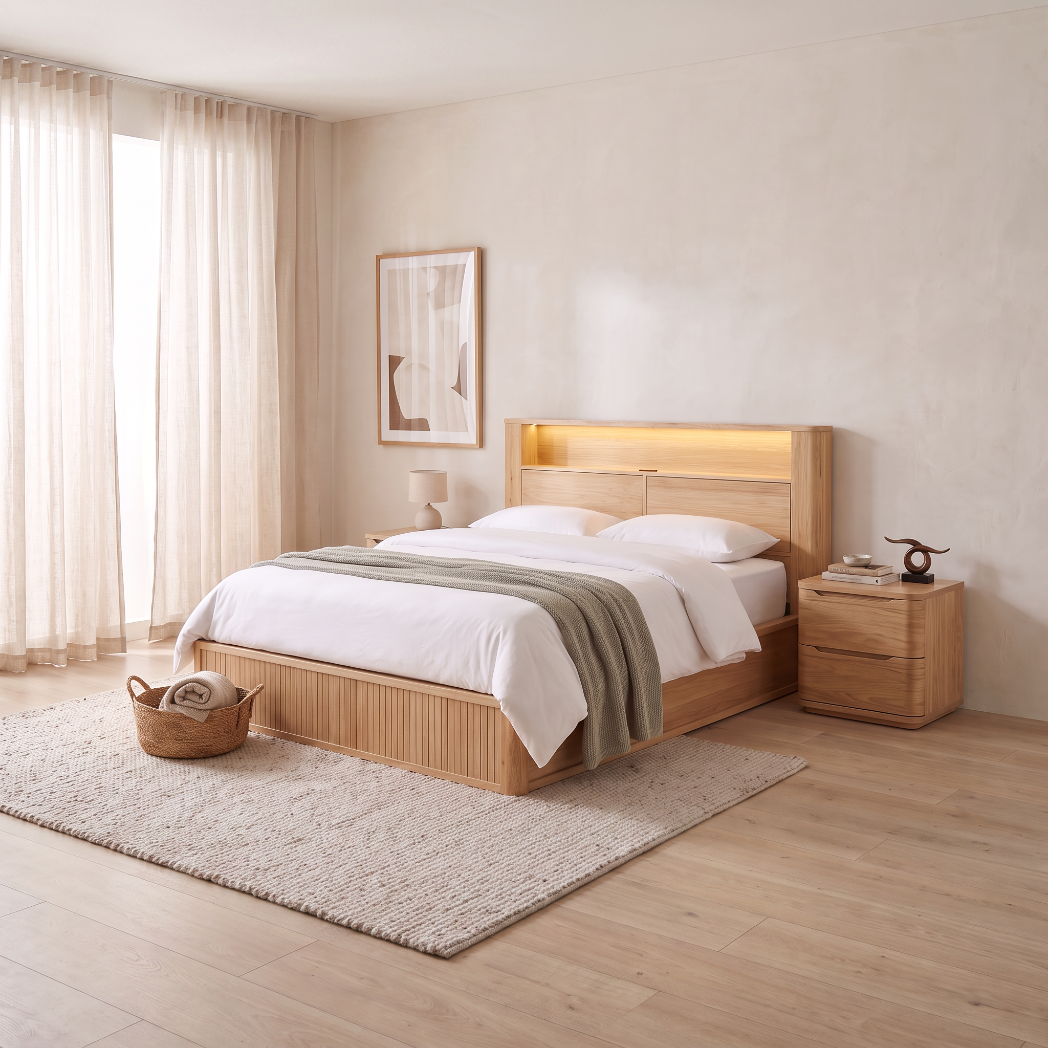 Canberra 3 Piece Bedroom Suite in pale eucalyptus - LED-lit bookshelf gas lift bed frame with fluted base, flanked by two matching two-drawer bedside tables in a warm neutral bedroom - The A2Z Furniture