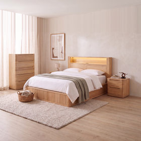 Canberra 4 Piece Tallboy Bedroom Suite in pale eucalyptus - LED-lit bookshelf gas lift bed frame, two matching two-drawer bedside tables and a five-drawer tallboy in a warm neutral bedroom - The A2Z Furniture