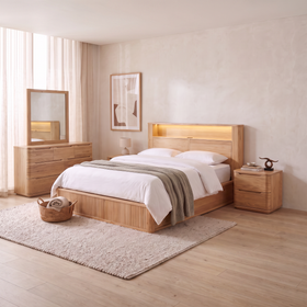 Canberra 4 Piece Dresser Bedroom Suite in pale eucalyptus - LED-lit bookshelf gas lift bed frame, two matching bedside tables and a seven-drawer dresser with its framed mirror in a warm neutral bedroom - The A2Z Furniture