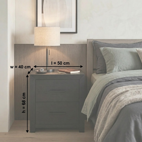 Canyon Bedside Table dimension diagram showing 50cm length, 40cm width and 68cm height