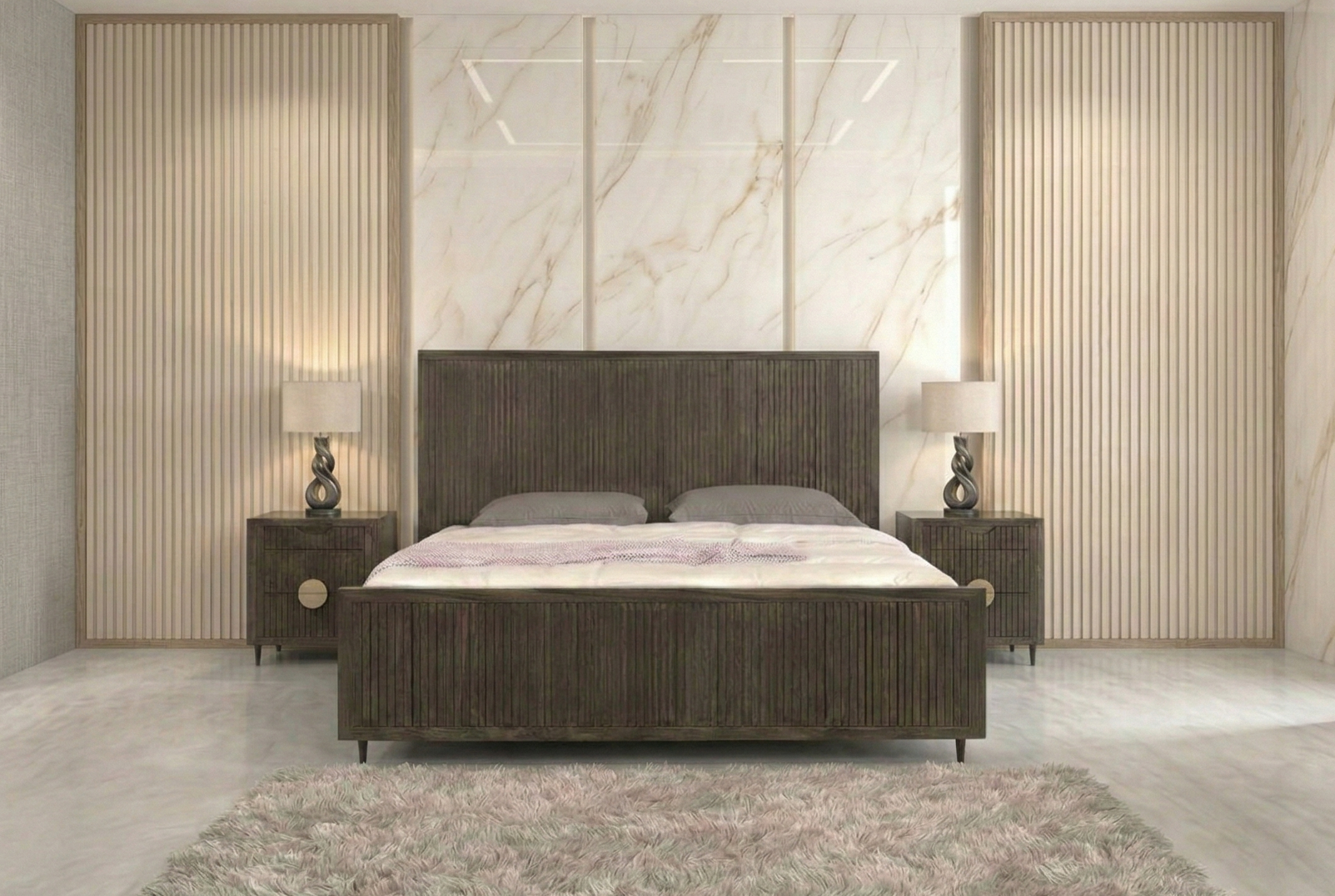 Modern bedroom with wooden bed and marble wall