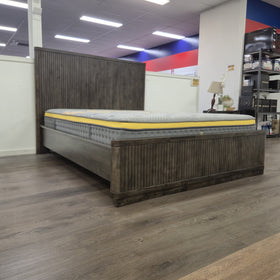 Cape Town Bed Frame angled view in dark grey slatted timber, shown on display in The A2Z Furniture showroom (mattress shown not included)