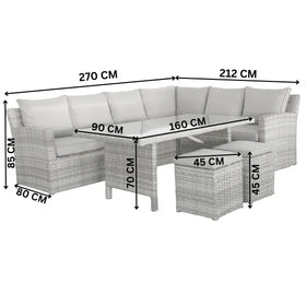 Outdoor furniture set with dimensions labeled on a white background