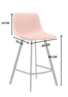 Modern pink bar stool with black steel legs, shown with seat and height dimensions in centimeters