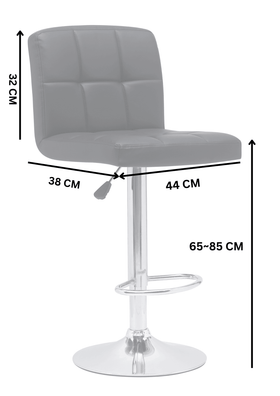 Modern adjustable bar stool with chrome base, black seat and labelled dimensions in centimeters