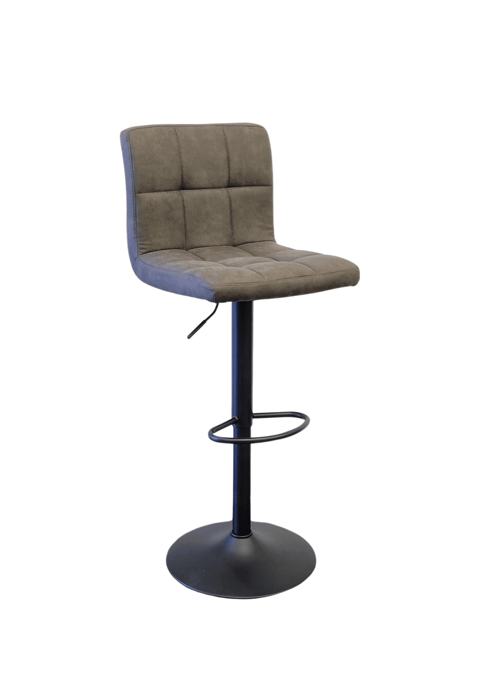 Modern bar stool with padded grey seat, backrest, and black metal base