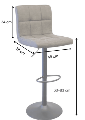 Grey adjustable bar stool with backrest and footrest, dimensions labeled in centimeters