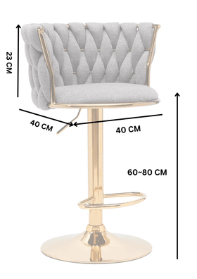 Modern bar stool with gold base, tufted grey backrest, and dimensions labeled in centimeters