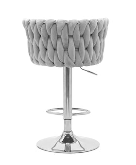 Modern grey bar stool with braided velvet backrest and chrome adjustable base