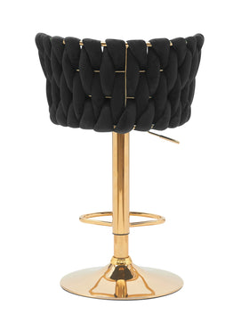 Modern bar stool with black braided velvet upholstery and gold metal base