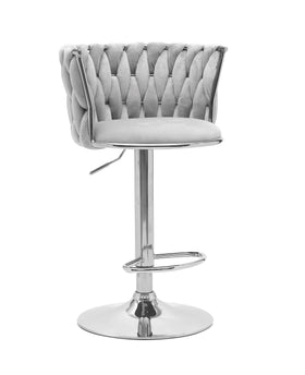 Tufted light grey velvet bar stool with chrome base and footrest, modern furniture