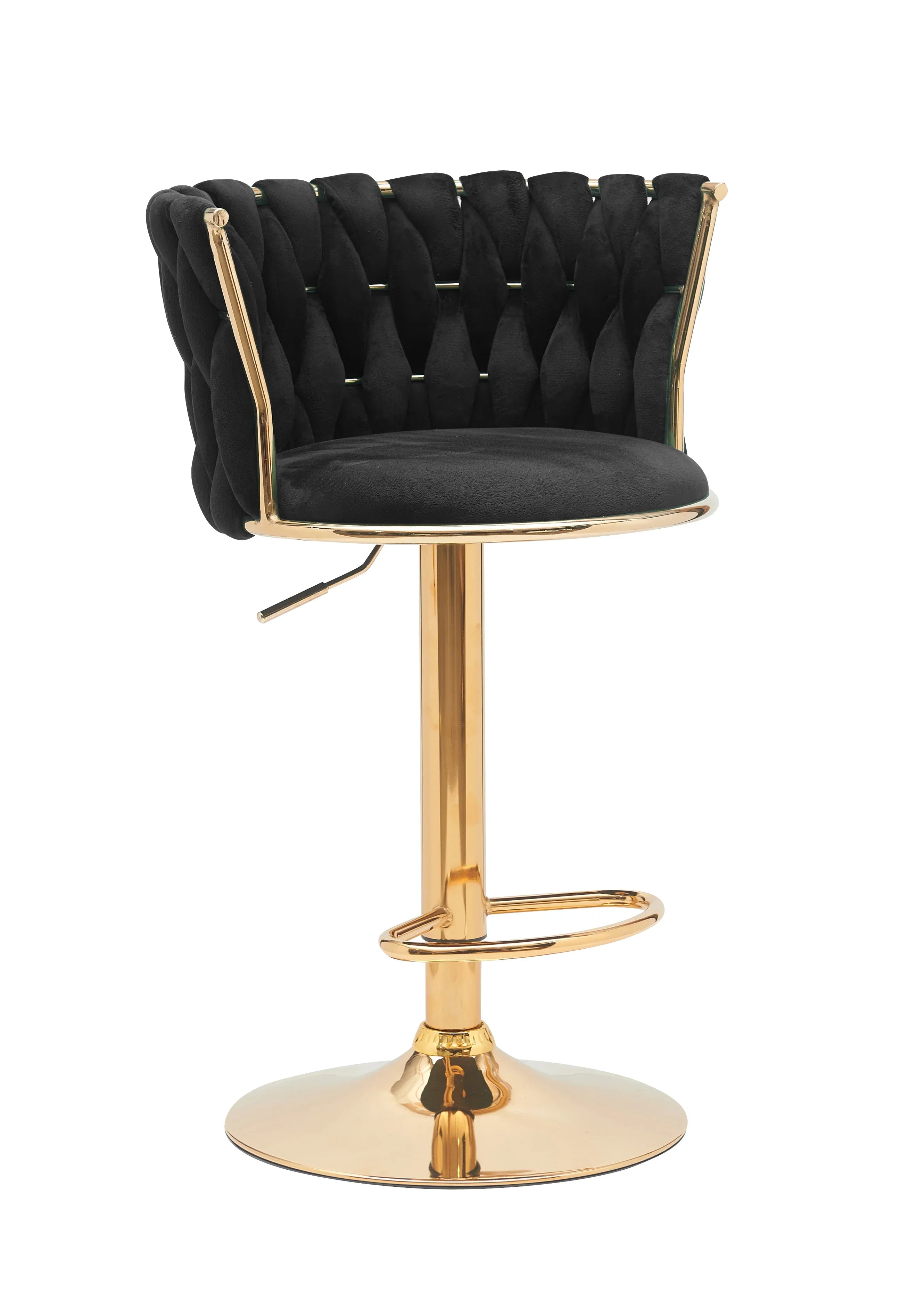 Black bar stool with gold base on a white background