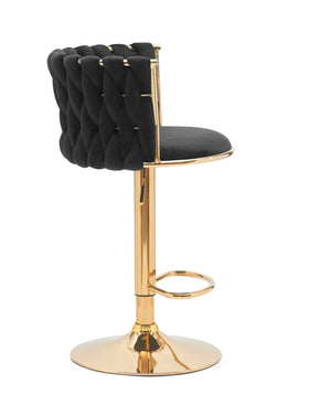 Black velvet bar stool with gold metal base and tufted backrest, modern elegant design