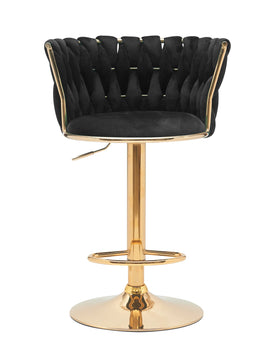 Black cushioned bar stool with gold base on a white background