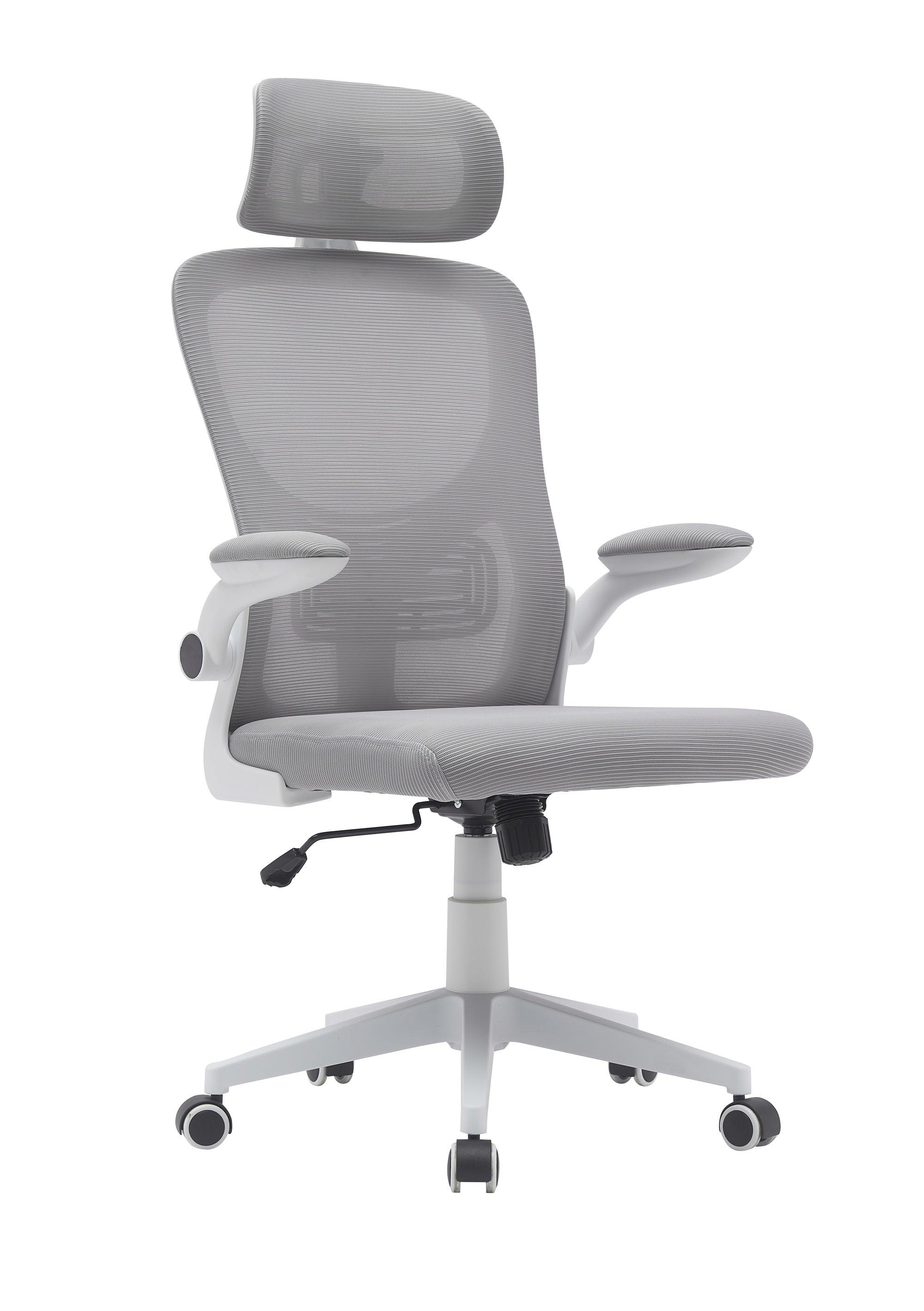 Ergonomic grey mesh office chair with adjustable headrest and armrests on wheels