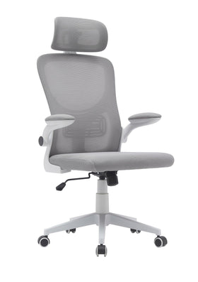 Ergonomic grey mesh office chair with adjustable headrest and armrests on wheels