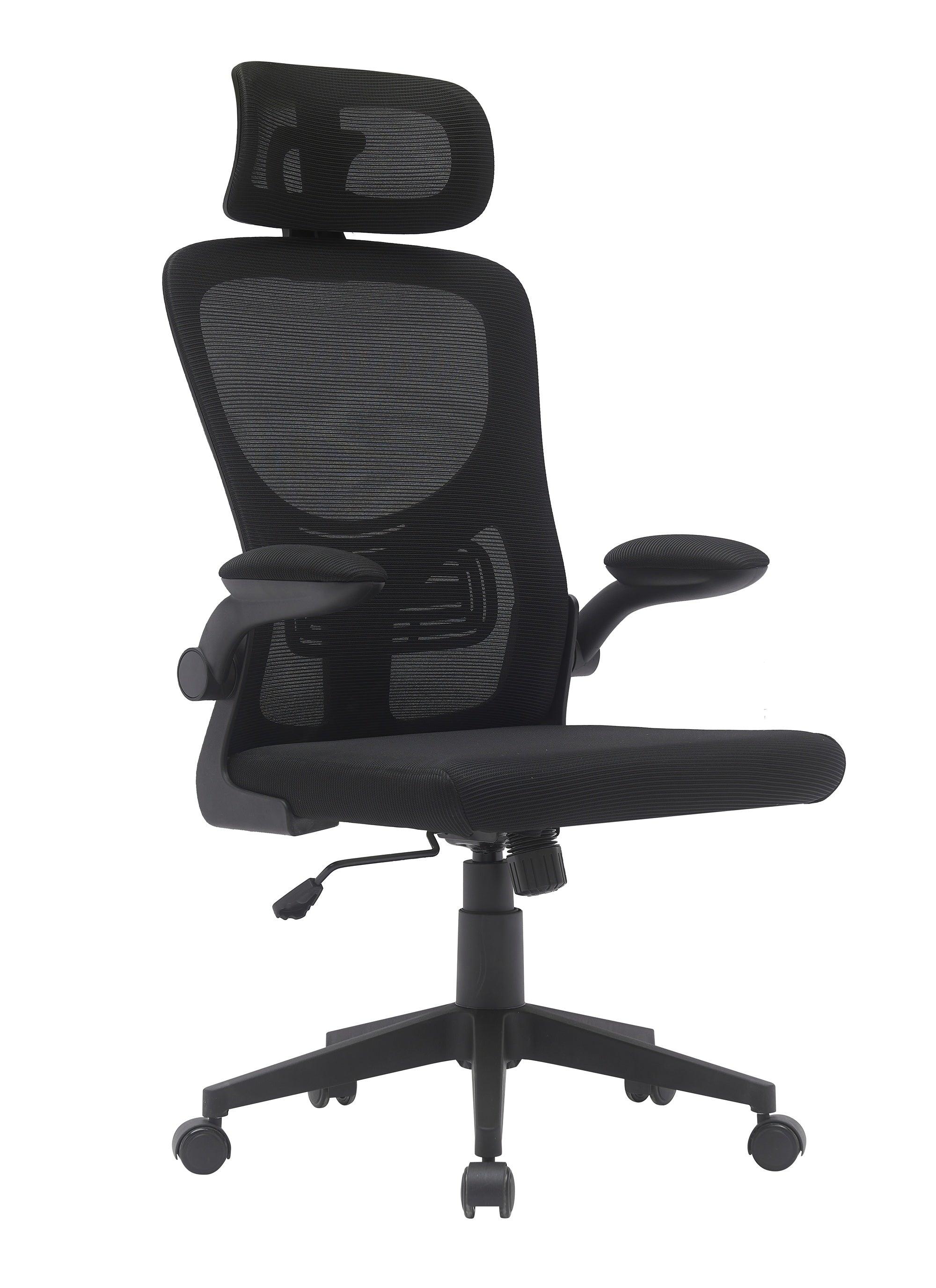 Black ergonomic office chair with mesh back, adjustable headrest, armrests, and caster wheels