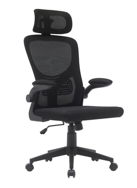 Black ergonomic office chair with mesh back, adjustable headrest, armrests, and caster wheels