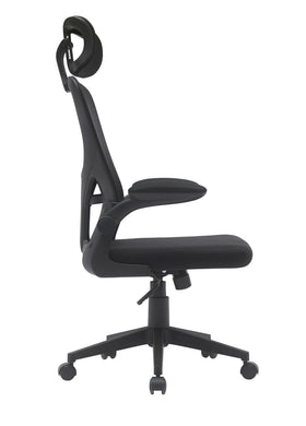 Black ergonomic office chair with adjustable headrest and armrests on wheels
