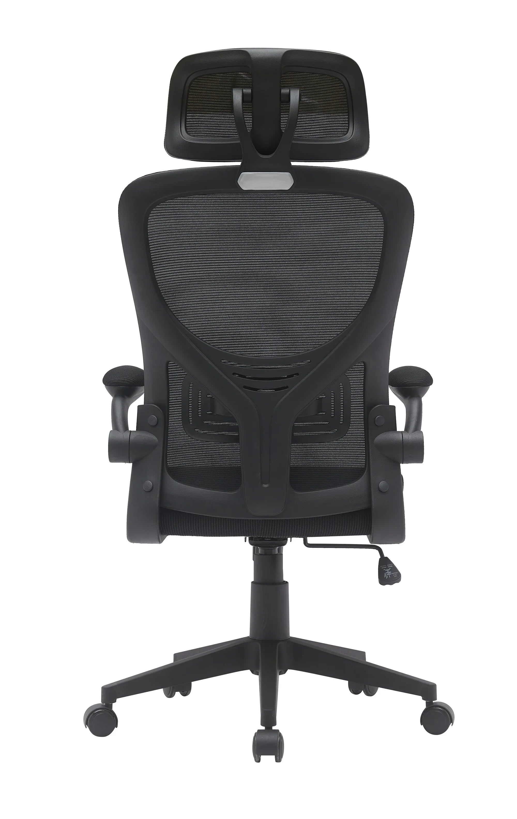 Black ergonomic mesh office chair with adjustable headrest and armrests, rear view