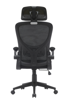 Black ergonomic mesh office chair with adjustable headrest and armrests, rear view