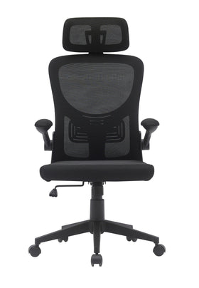 Ergonomic black mesh office chair with headrest, adjustable arms, and wheeled base