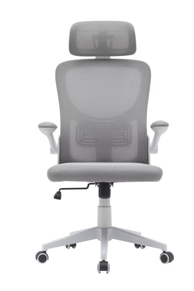 Modern grey mesh ergonomic office chair with headrest and adjustable armrests