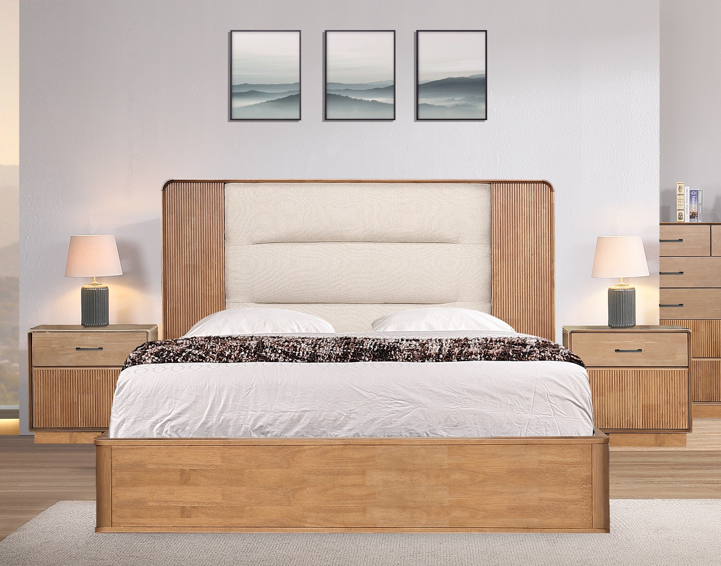 Wooden bed with beige headboard in a bedroom setting