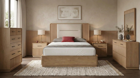 Castle 5 Piece Bedroom Suite — bed frame, two bedside tables, tallboy and dresser with mirror styled in a warm modern bedroom