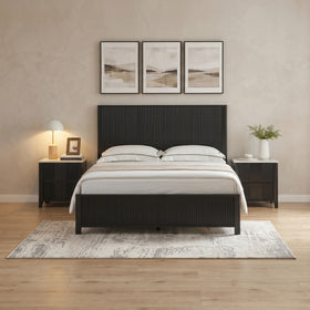 Caulfield 3 Piece Bedroom Suite in matte black: fluted bed frame and two fluted bedside tables