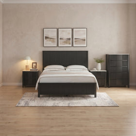 Caulfield 4 Piece Tallboy Bedroom Suite in matte black: fluted bed frame, two bedside tables and tallboy