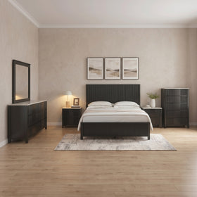 Caulfield 5 Piece Bedroom Suite in matte black: dresser with mirror, bedside tables, fluted bed frame and tallboy
