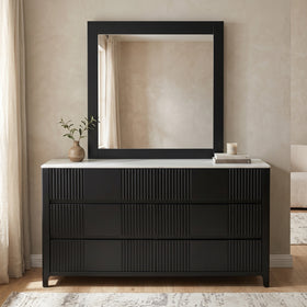 Caulfield dresser with mirror in black with fluted drawers and white marble-look top, styled bedroom - The A2Z Furniture