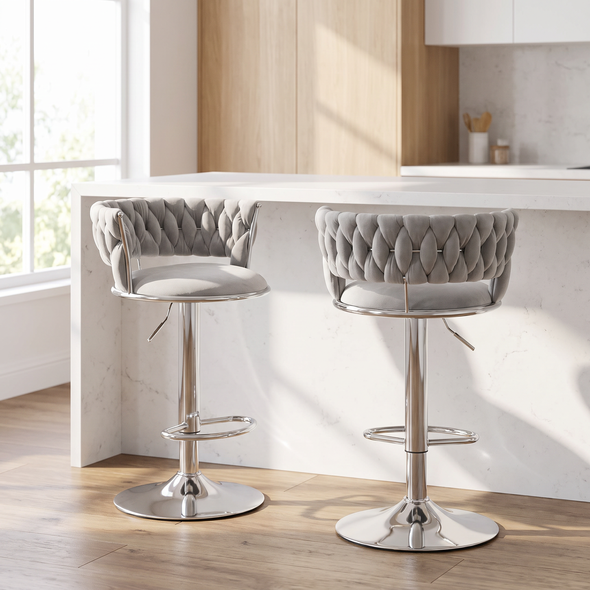 Celestial Bar Stools in light grey hand-woven velvet with chrome bases at a kitchen island