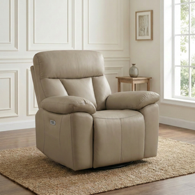 Limestone Swivel Electric Leather Recliner Chair in Tan leather on a 360-degree swivel base, styled in a bright living room