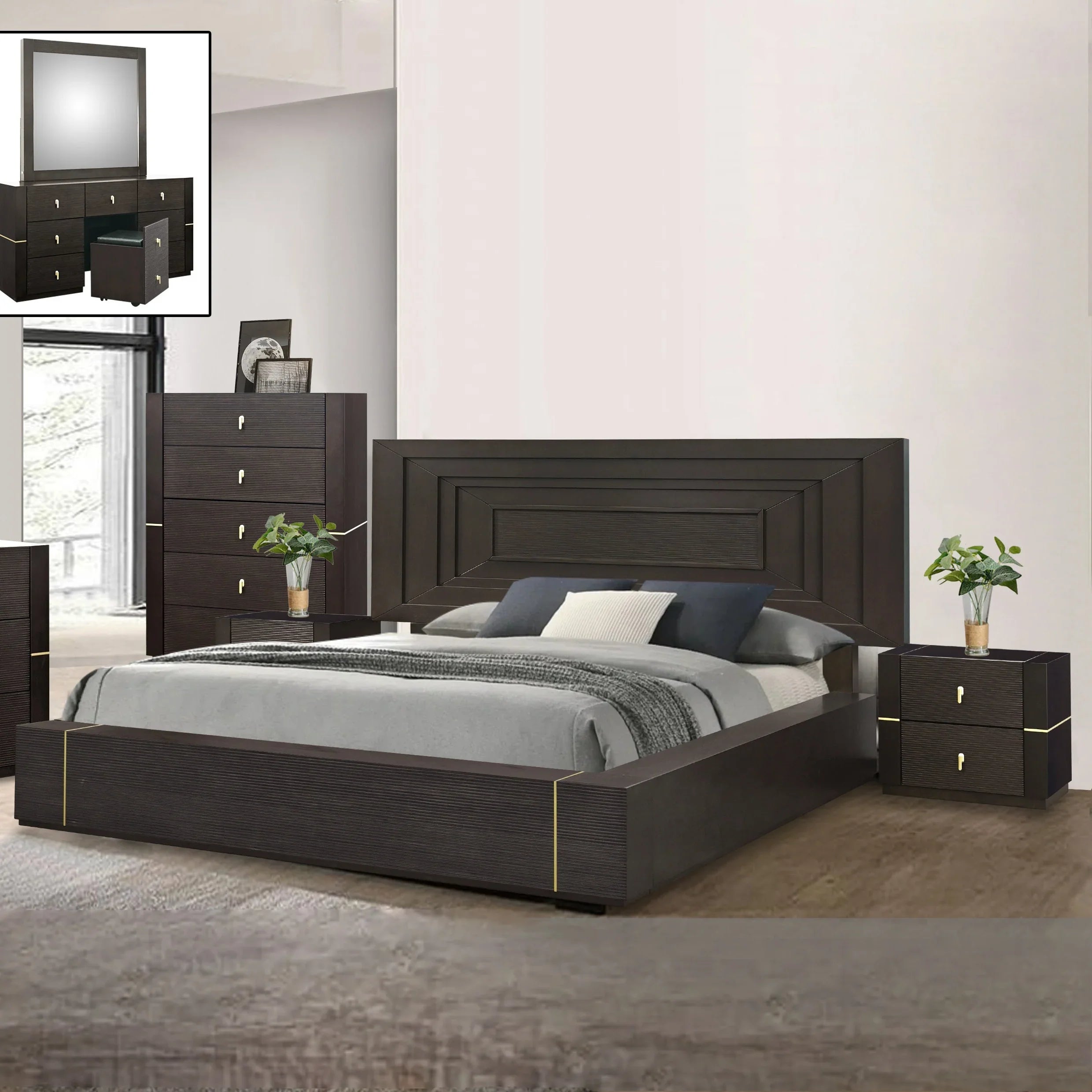 Dark wood bedroom set with bed, nightstands, and dresser in a room setting.