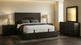 Chandler 4 Piece Dresser Bedroom Suite — bed frame, two bedside tables and dresser with mirror styled in a glamorous contemporary bedroom