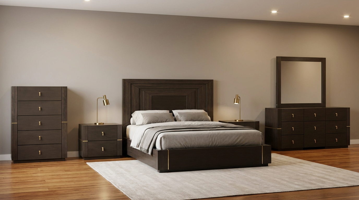 Chandler 5 Piece Bedroom Suite — bed frame, two bedside tables, tallboy and dresser with mirror styled in a glamorous contemporary bedroom