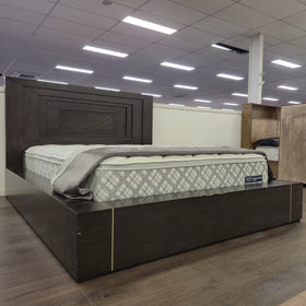 Chandler Floating Bed Frame in a dark espresso timber finish on the showroom floor at The A2Z Furniture, viewed from the side. Mattress shown is not included.